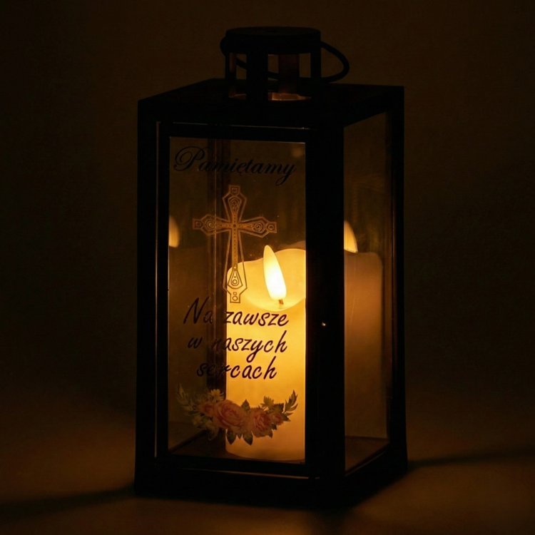 LATARENKA LED 6/23/YZE-PRINT Z NAPISEM PAMIĘTAMY I ŚWIECĄ 21 CM - CZARNA