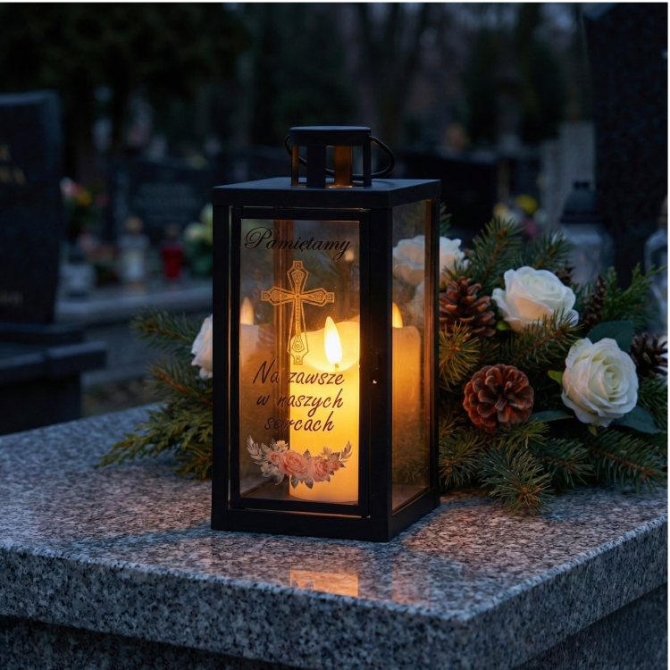 LATARENKA LED 6/23/YZE-PRINT Z NAPISEM PAMIĘTAMY I ŚWIECĄ 21 CM - CZARNA