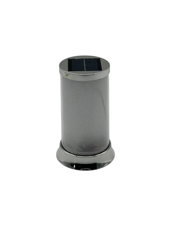 LAMPION ZNICZ SOLARNY LED S-82  SREBRNY  Z CIEPŁYM BIAŁYM ŚWIATŁEM Z BROKATOWĄ POŚWIATĄ